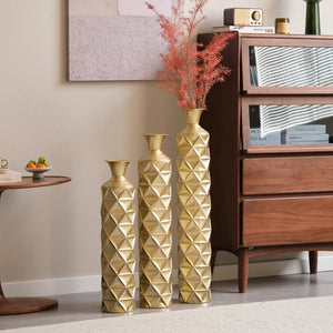 English Elm Metal Antique Gold Decorative Vase Set Of 3 - Modern Geometric Design With 3D Triangle Pattern W2796P193603