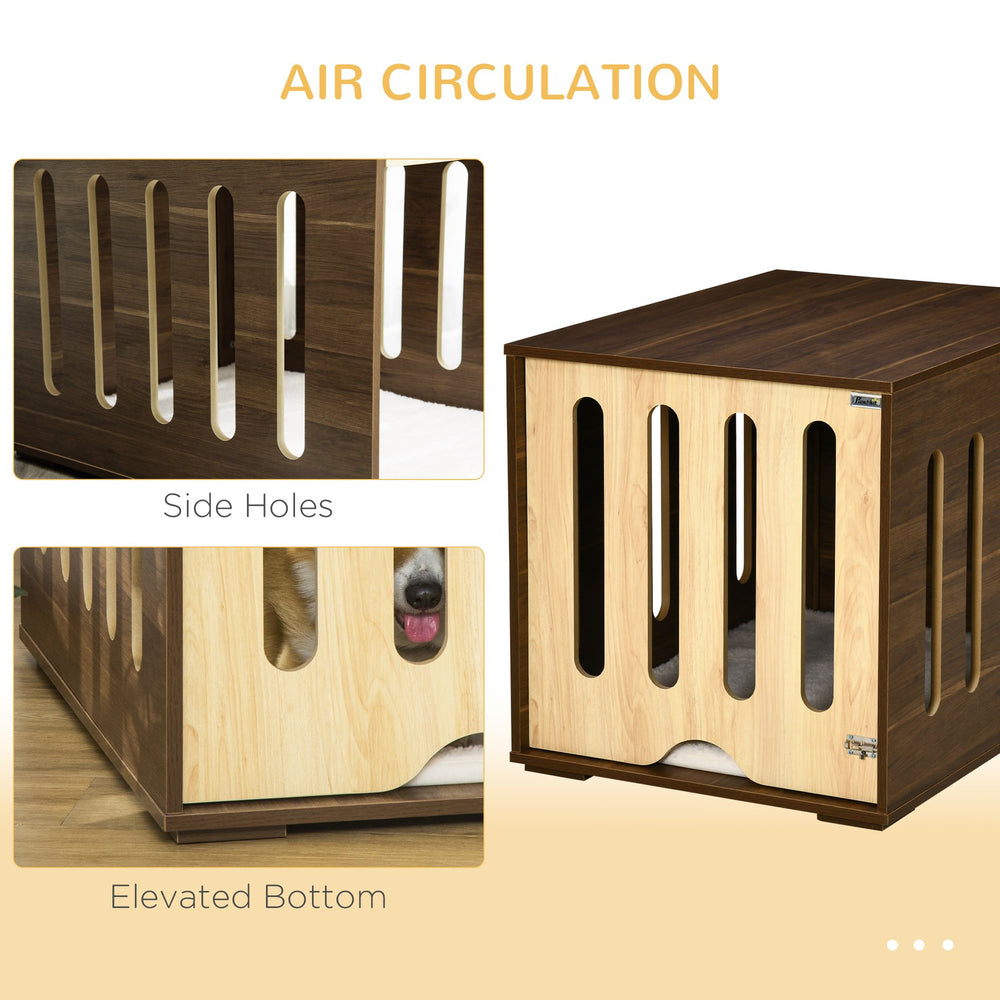 English Elm PawHut Modern Dog Crate End Table with Removable Sliding Door, Foam Cushion, Lock, Indoor Pet Haven Brown W2225P217302