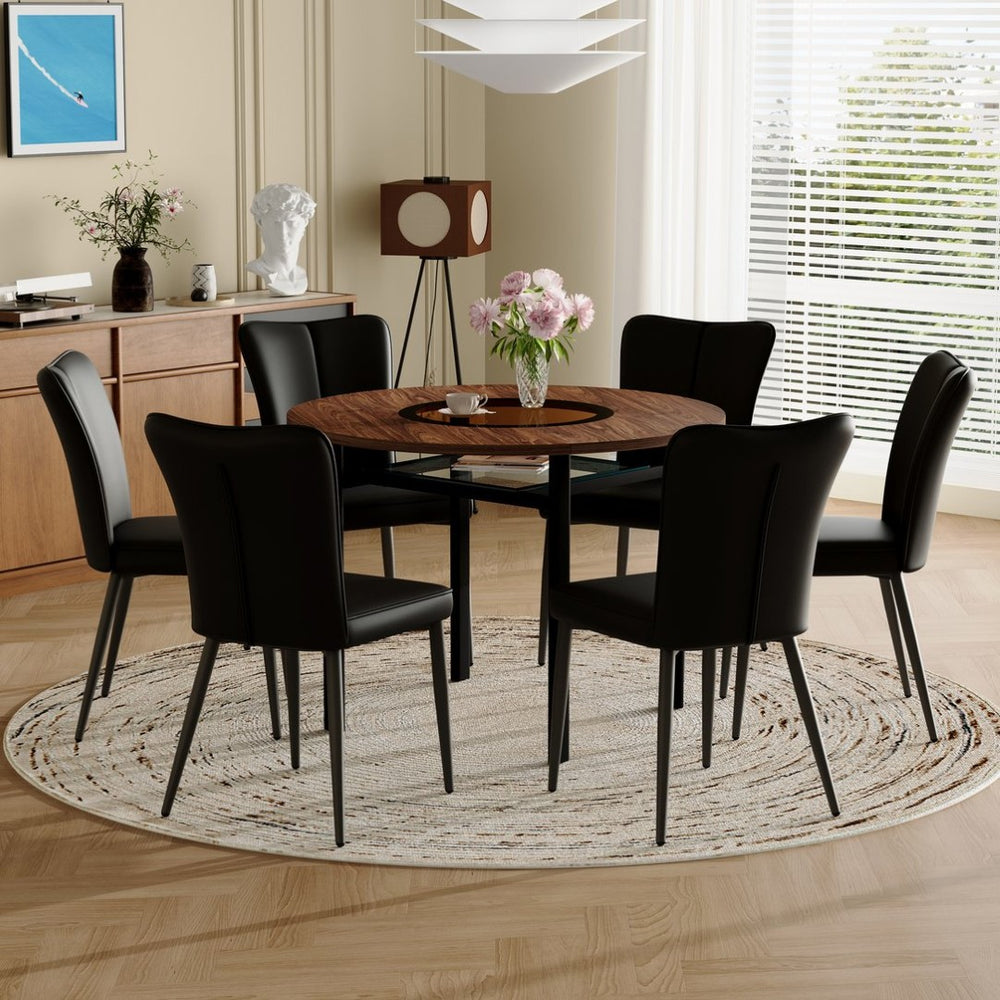 English Elm Table and Chair Set 42 Inch Round Wood Grain Dining with Glass Inlay Six Pu Seats Brown+Black W1151S04496
