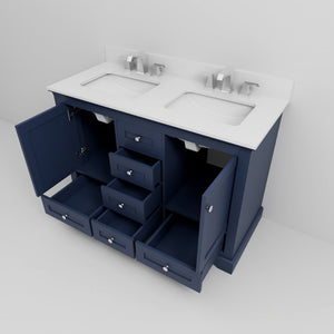 English Elm Navy Blue Double Bath Vanity 48" W x 22" D with White Quartz Top, Soft-Close Drawers & Chrome Faucet Set B2731P258334