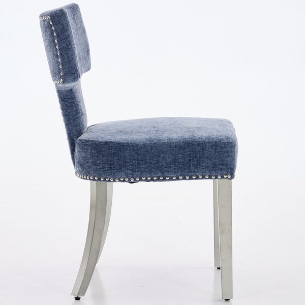 English Elm Mid Mid Century Modern Dining Chair Set with Curved Copper-Nail Backrest, High-Density Foam Seat, Brushed Stainless Legs Blue W1143P314901