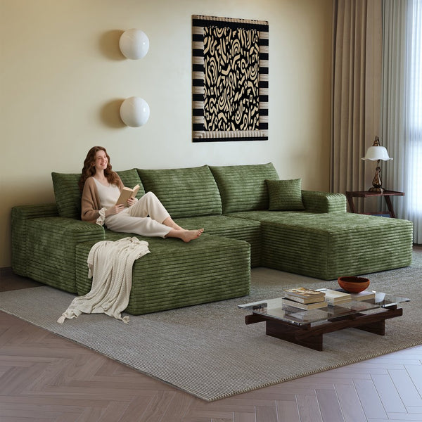 English Elm 107" Cloud Sectional Sofa With Ottoman - Luxurious Modern Comfort, No Assembly, Plush Corduroy Green W2824S00124