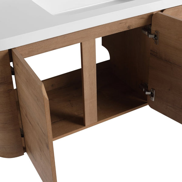 English Elm 48" Floating Bathroom Vanity Dual Ceramic Vessel Sinks Oak Finish Soft Close Doors W999S00507