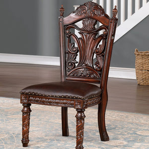 English Elm Traditional Side Chairs Set Of 2 - Brown Cherry Leatherette Seats With Carved Wood Details, Elegant Dining B011P234703-GIGA