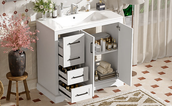 English Elm 36" Modern Bathroom Vanity with Ceramic Sink, Soft-Close Doors, 3 Drawers & Ample Storage for Small Baths White N729P280194K