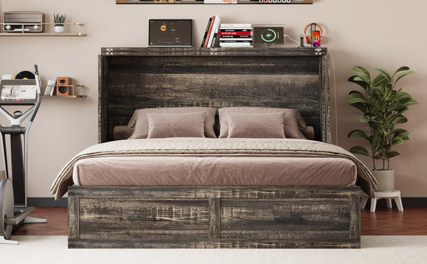 English Elm Queen Murphy Cabinet Bed Rustic Grey Farmhouse Style with Charging Station Storage W5271S00001