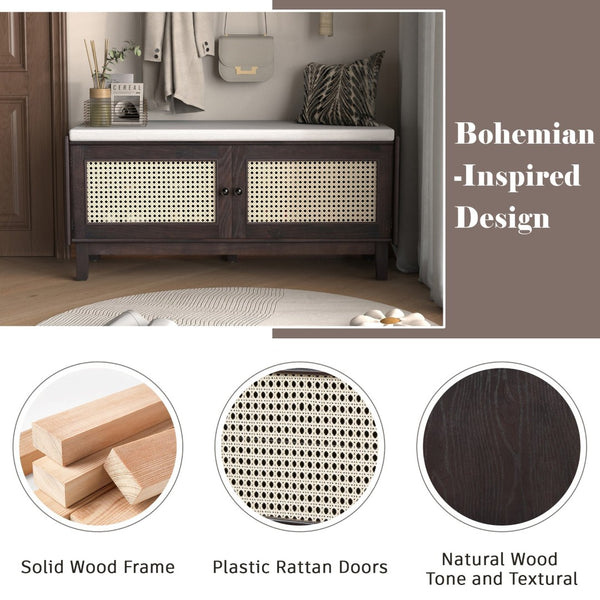 English Elm Trexm Bohemian Rattan Storage Bench Cushioned Seat Shoe Cabinet for Entryway Beige,Espresso N715P308012P