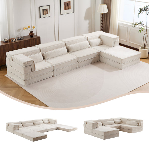 English Elm Compression Mahjong Sofa Bed - Versatile Modular Design, Cozy Circle Fleece, No Assembly, 4 Seater W3723S00035