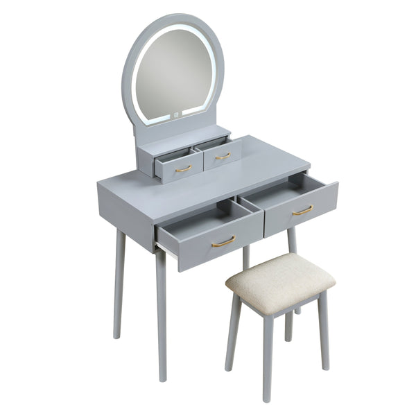English Elm Beautiful LED Vanity Dresser with Touch Mirror and Padded Stool, Luxe Wood Finish, Brass Pulls, Storage Gray 33.75 L x 21.75 W x 13.25 H B011P347849