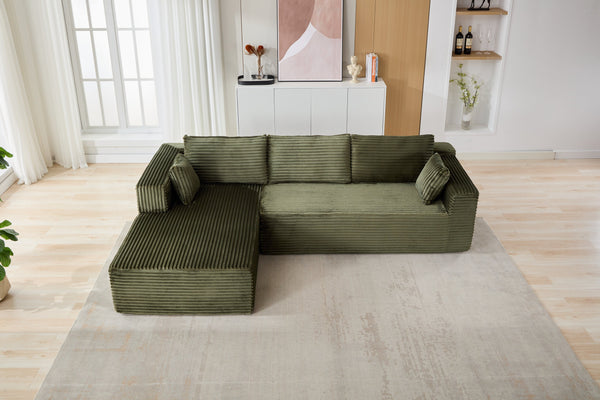 English Elm Compression Sectional Couch – Cozy Green Corduroy L-Shaped Sofa With Chaise For Small Spaces & Lounging W3723S00003