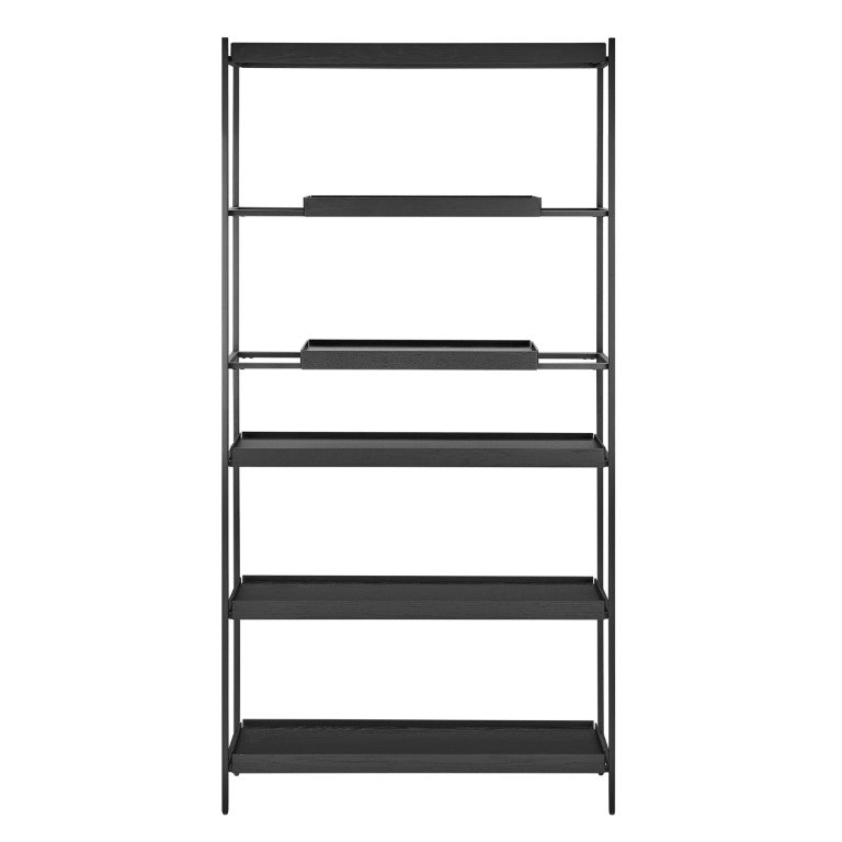 EuroStyle Kumla Six Tier Steel and Oak Veneer Shelving Unit with Adjustable Matte Black Frame Complete Set 31134BLK-KIT
