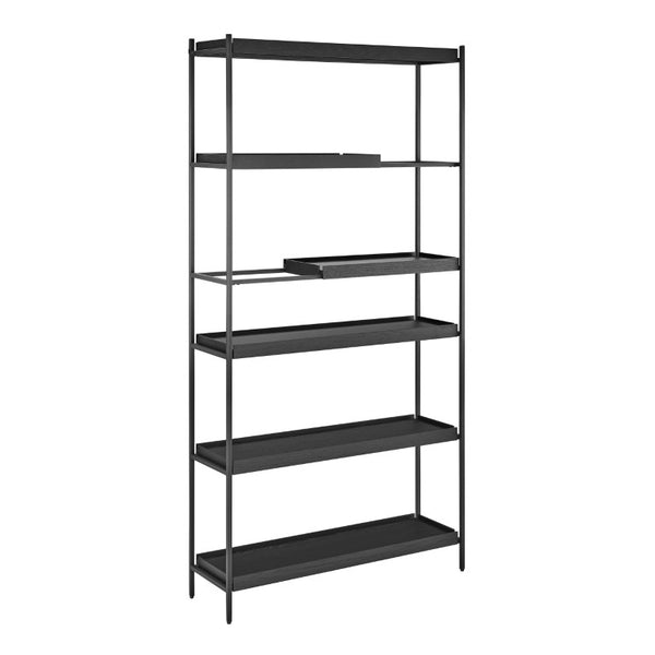 EuroStyle Kumla Six Tier Steel and Oak Veneer Shelving Unit with Adjustable Matte Black Frame Complete Set 31134BLK-KIT