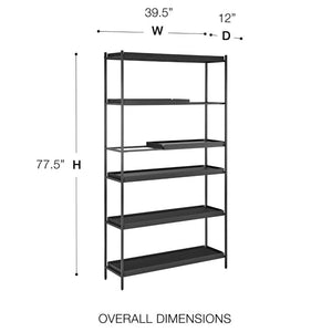 EuroStyle Kumla Six Tier Steel and Oak Veneer Shelving Unit with Adjustable Matte Black Frame Complete Set 31134BLK-KIT