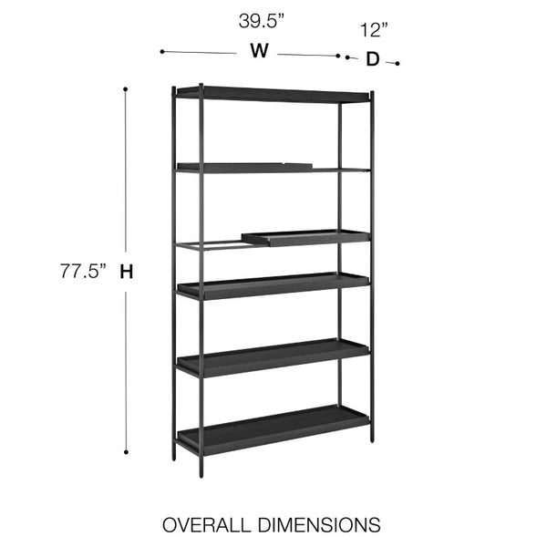EuroStyle Kumla Six Tier Steel and Oak Veneer Shelving Unit with Adjustable Matte Black Frame Complete Set 31134BLK-KIT