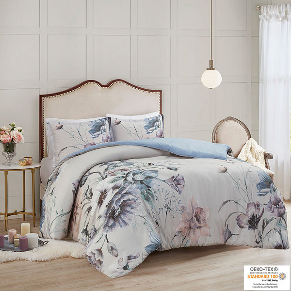 English Elm King/Cal Cassandra 3-Piece Cotton Printed Duvet Cover Set – Shabby Chic Floral Blue, OEKO-TEX, Button Closure & Corner Ties B03597364