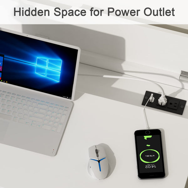 English Elm 40" Charging Station Desk with Built-In Outlets & USBs, 2 Drawers, Waterproof MDF, Compact Elegance White T3771P370772