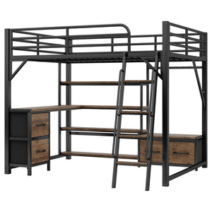English Elm Queen Size Loft Bed With Desk & Led Lighting - Stylish Metal Bed With Storage & Workstation For Small Spaces W2593S00041-GIGA