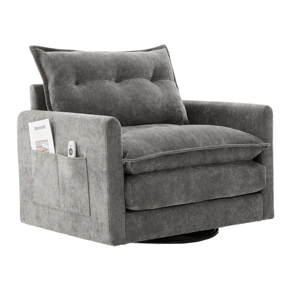English Elm UNITED Swivel Barrel Chair with Chenille Upholstery, 360° Smooth Rotation, Padded Arm Comfort and Side Pockets for Living Room Relaxation Gray W1568P290087