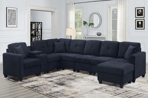 English Elm Sectional Velvet Sofa In Dark Blue - Luxurious, Durable Comfort With Cup Holders For Modern Living Spaces B205S00079-GIGA