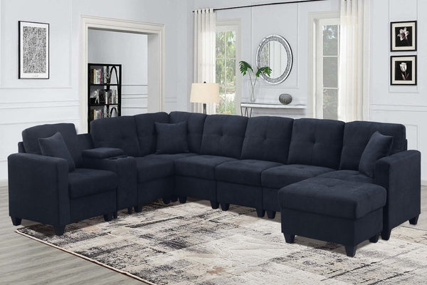 English Elm Sectional Velvet Sofa In Dark Blue - Luxurious, Durable Comfort With Cup Holders For Modern Living Spaces B205S00079-GIGA