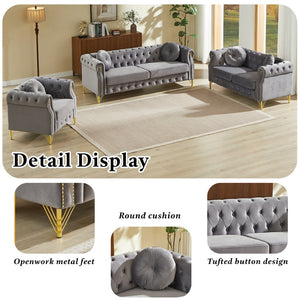 English Elm Velvet Tufted Chesterfield Sofa with Copper Stud Trim and Gold Metal Legs Grey W834P423609