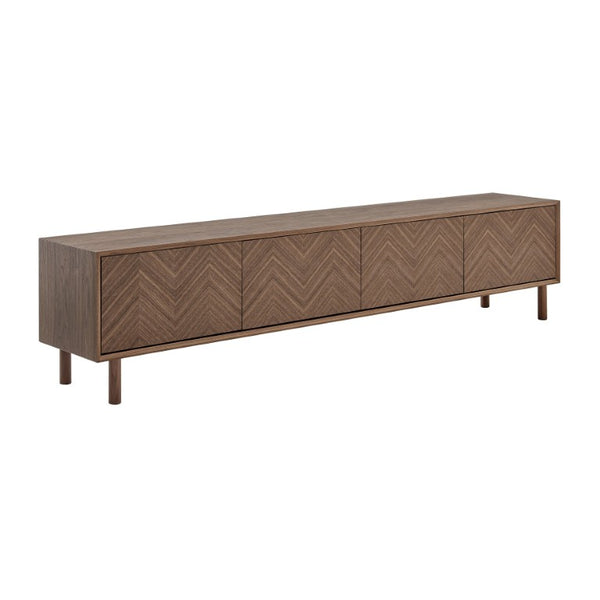 EuroStyle Kayla Ash Veneer Media Stand with Fishbone Doors for Contemporary Living Rooms Walnut 31152-WAL