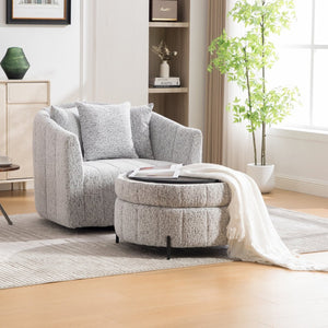 English Elm 39"w Swivel Barrel Club Chair with Channel Tufted Chenille and Round Storage Ottoman Set White+Black W3118S00047