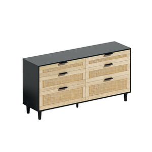 English Elm 59" Rattan Dresser with 6 Spacious Drawers, Stylish Woven Texture, Metal Handles & Wood Legs for Bedroom Black W757P209512