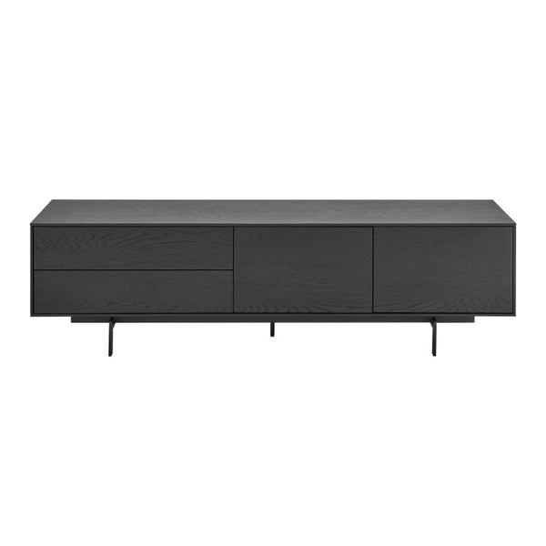 EuroStyle Birmingham Oak Veneer Media Stand with Push Open Doors and Powder Coated Steel Legs Black/Black 31160BLK-KIT