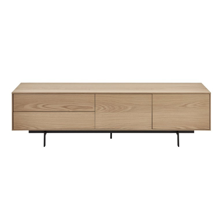 EuroStyle Birmingham Oak Veneer Media Stand with Push Open Doors and Powder Coated Steel Legs Oak/Black 31160OAK-KIT