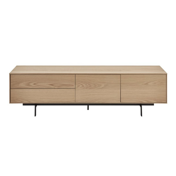 EuroStyle Birmingham Oak Veneer Media Stand with Push Open Doors and Powder Coated Steel Legs Oak/Black 31160OAK-KIT