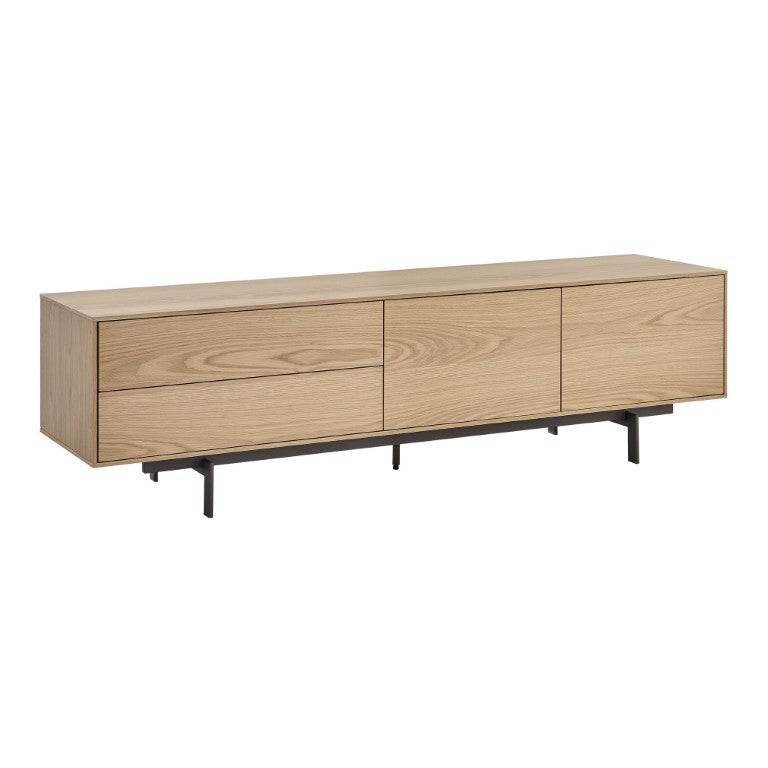 EuroStyle Birmingham Oak Veneer Media Stand with Push Open Doors and Powder Coated Steel Legs Oak/Black 31160OAK-KIT