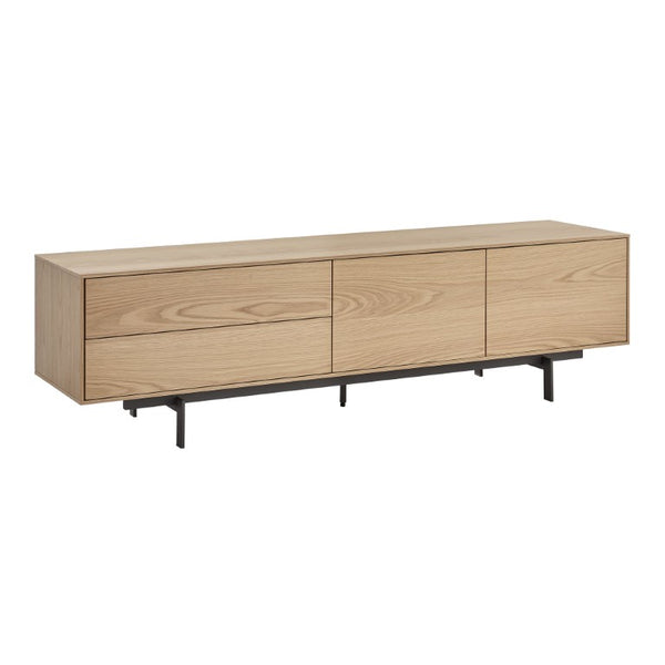 EuroStyle Birmingham Oak Veneer Media Stand with Push Open Doors and Powder Coated Steel Legs Oak/Black 31160OAK-KIT