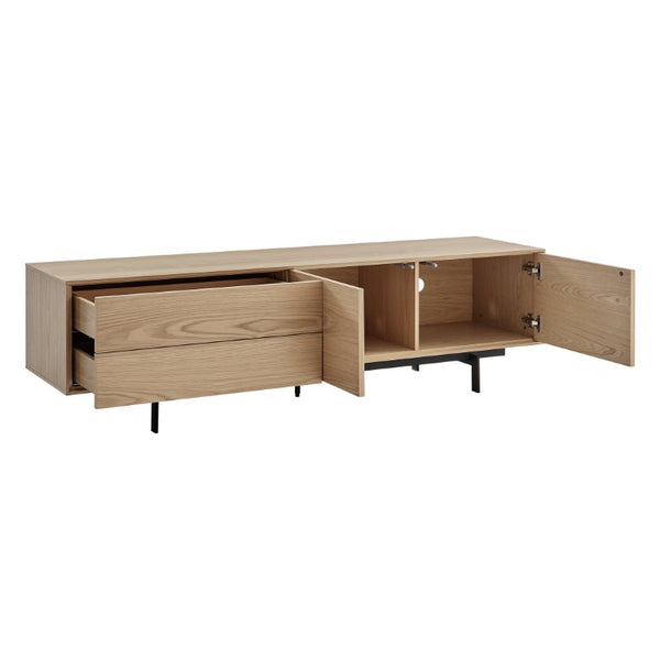 EuroStyle Birmingham Oak Veneer Media Stand with Push Open Doors and Powder Coated Steel Legs Oak/Black 31160OAK-KIT