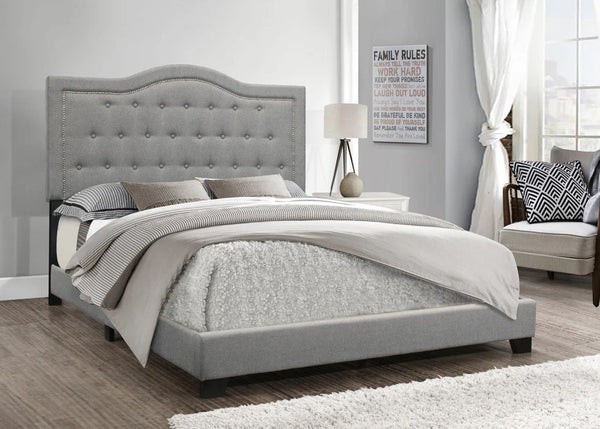 English Elm Modern Gray Linen Platform Bed Cushioned Headboard Wooden Slat No Box Spring B2771P498508