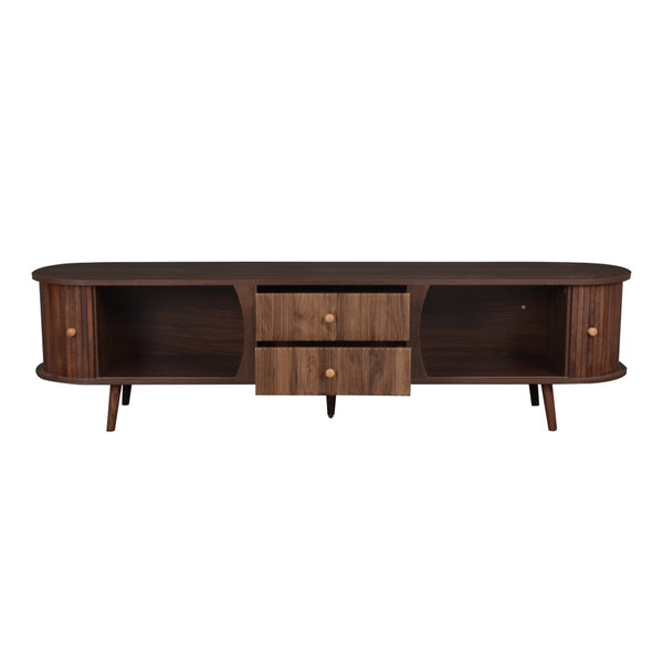 English Elm 70 Inch Mid Century Media Console with Tambour Doors Fluted Drawers and Wood Legs N710P419840P