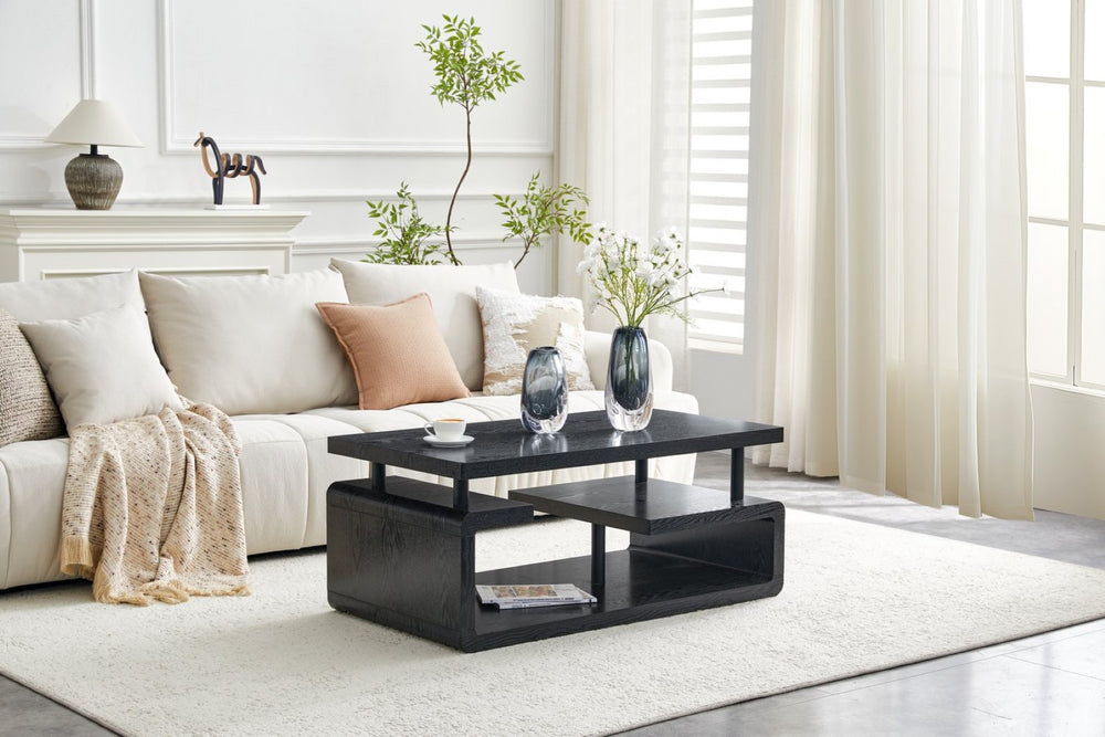 English Elm A Modern Two-tier Mdf Coffee Table with Open Shelf for Living Room Storage Black Woodgrain W3875P396801