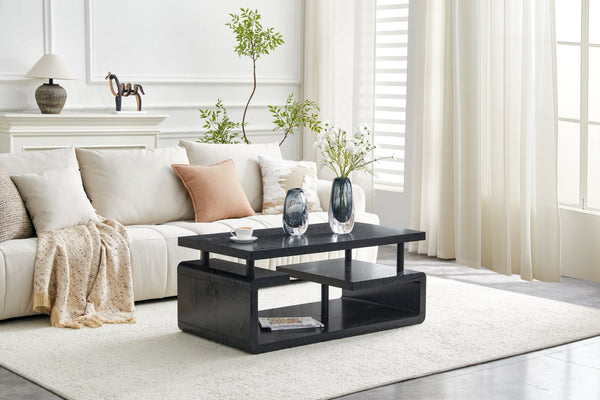 English Elm A Modern Two-tier Mdf Coffee Table with Open Shelf for Living Room Storage Black Woodgrain W3875P396801