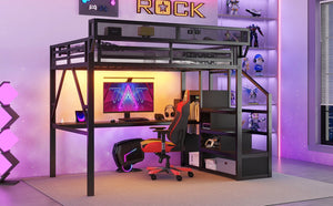 English Elm Twin Metal High Loft Bed with Staircase Storage Wardrobe for Kids and Teens W2580S00077