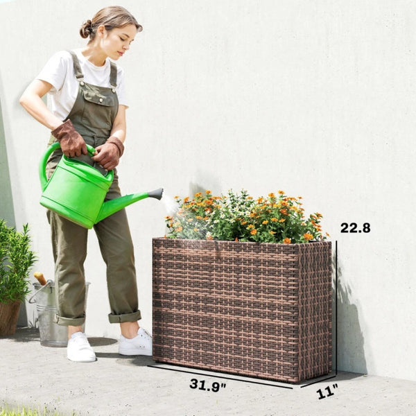 English Elm Modern Raised Planter Box with Pe Rattan Exterior and Steel Frame for Patio Herb Gardens Brown T3971P476623