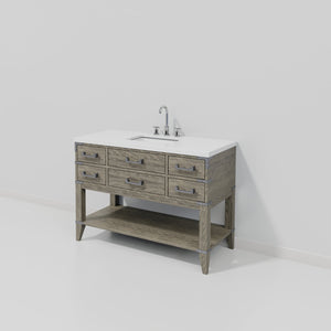 English Elm Grey Oak Single Bath Vanity 48" W X 22" D With White Quartz Top & Chrome Faucet For Modern Elegance B2731P260235