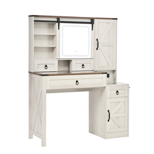 English Elm Farmhouse LED Vanity Desk with Sliding Mirror, Glass Top Storage, Built-In Charging Station & Stool White 37 L x 18.5 W x 13 H N733P340562K
