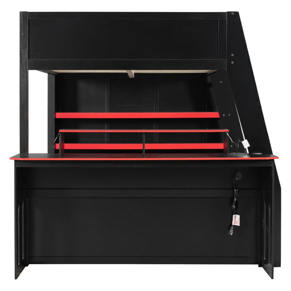 English Elm Full Size Wood Loft Bed with Rgb Lighting Desk and Multi-tier Shelves for Gaming Red LT000374AAR