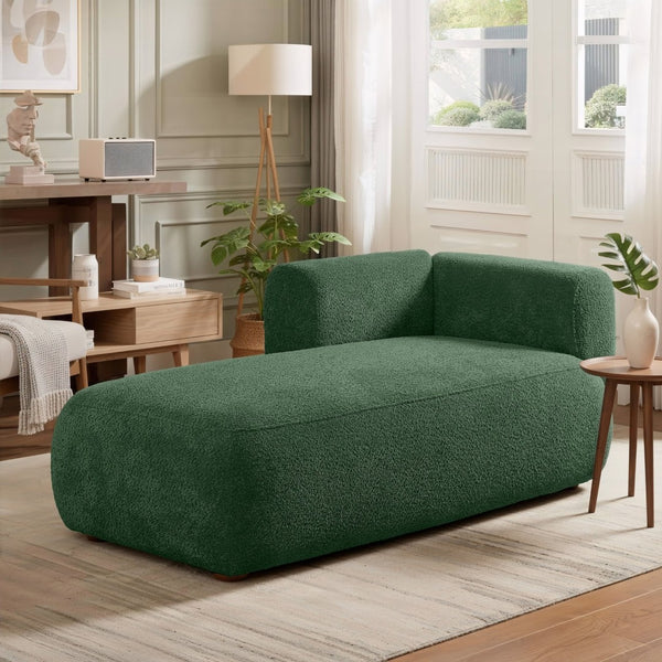 English Elm Upholstered Boucle Chaise Lounge with Wooden Legs for Bedroom or Living Room W5515P437373