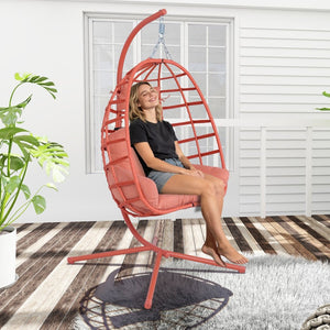 English Elm Egg Hanging Chair with Stand Pe Rattan Swing Seat Washable Cushion Patio Bedroom T5880P497442