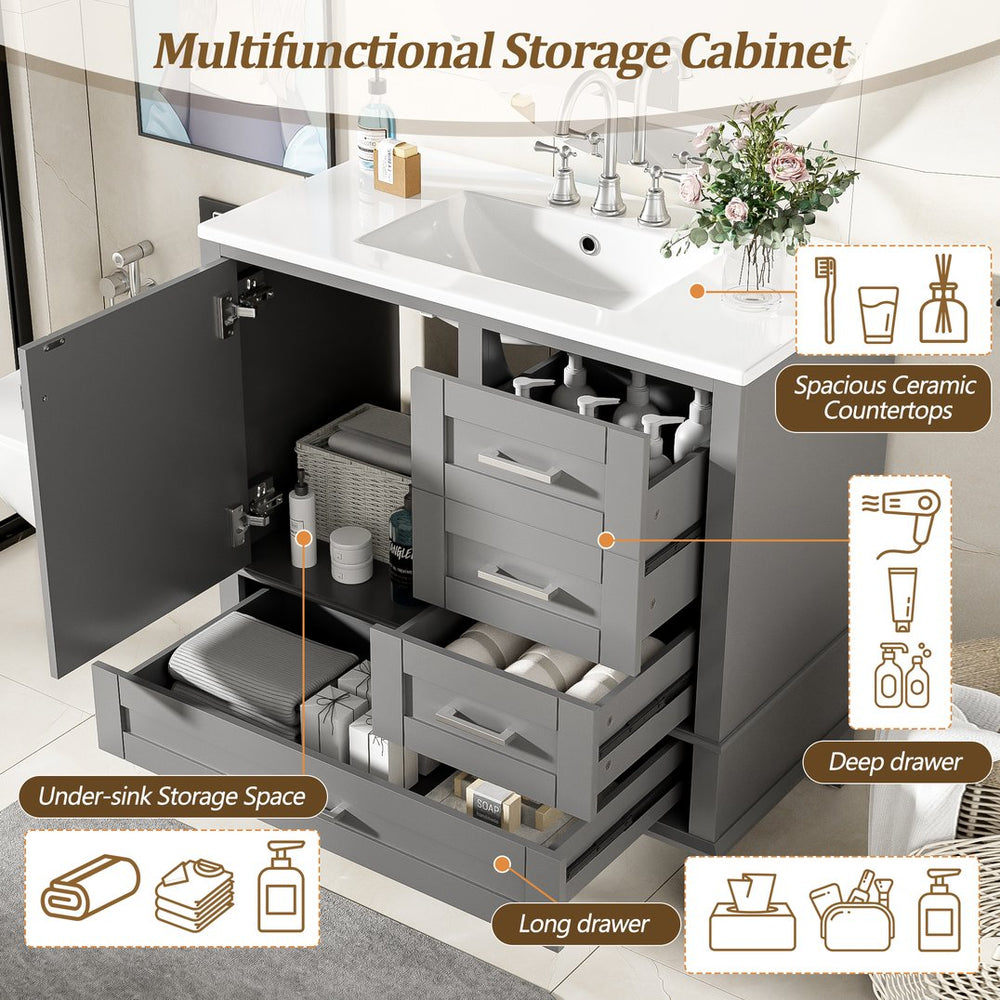 English Elm 36" Grey Bathroom Vanity Solid Pine Frame with Soft-Close Door, 3 Drawers, Ceramic Top, Modern Durability and Storage (36"W) N729P211167E