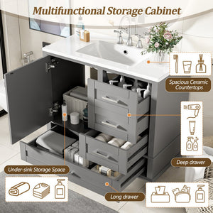 English Elm 36" Grey Bathroom Vanity Solid Pine Frame with Soft-Close Door, 3 Drawers, Ceramic Top, Modern Durability and Storage (36"W) N729P211167E