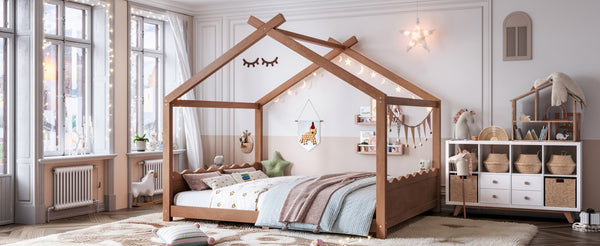 English Elm Queen House Shaped Floor Bed Solid Pine Frame Montessori Kids Bedroom No Box Spring W1580P438812
