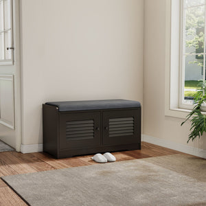 English Elm 28.74"shoe Storage Bench Louvered Cabinet Cushioned Seat Adjustable Shelves Entryway W2948P361401