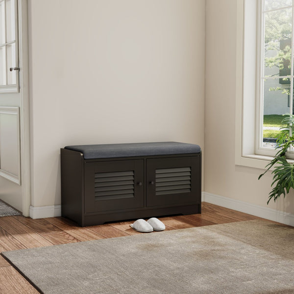 English Elm 28.74"shoe Storage Bench Louvered Cabinet Cushioned Seat Adjustable Shelves Entryway W2948P361401